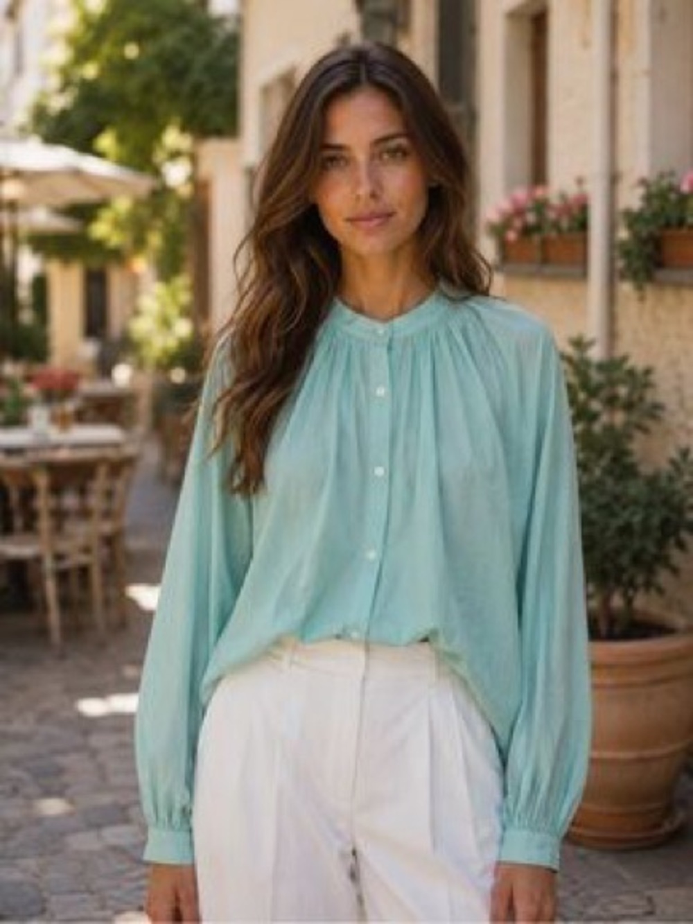 LOFT Aqua Draped V-Neck Button-Front Blouse XS